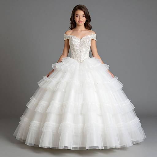 Photograph of a young woman with dark wavy hair wearing an off-shoulder white lace wedding gown with a voluminous, tiered tulle