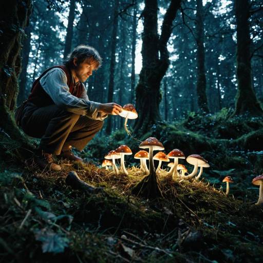 Hobbit Harvesting Glowing Mushrooms in Enchanted Forest