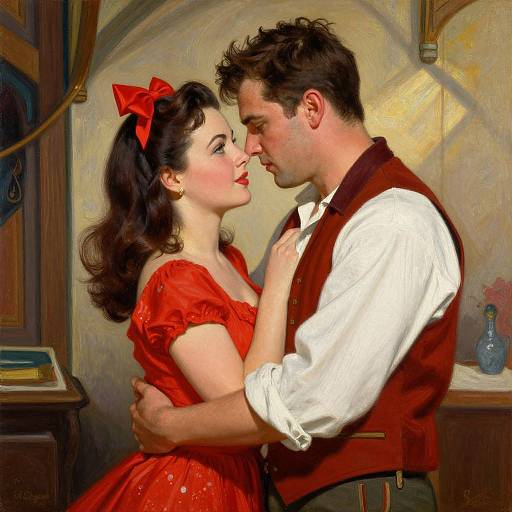 Digital painting of a romantic, vintage-style couple in a dimly lit room, the woman in a red dress with a bow, the man in a