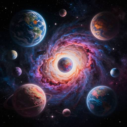 Digital artwork of a vibrant, glowing galaxy with a central bright sun, surrounded by colorful, swirling nebulae and multiple planets in a star-filled,
