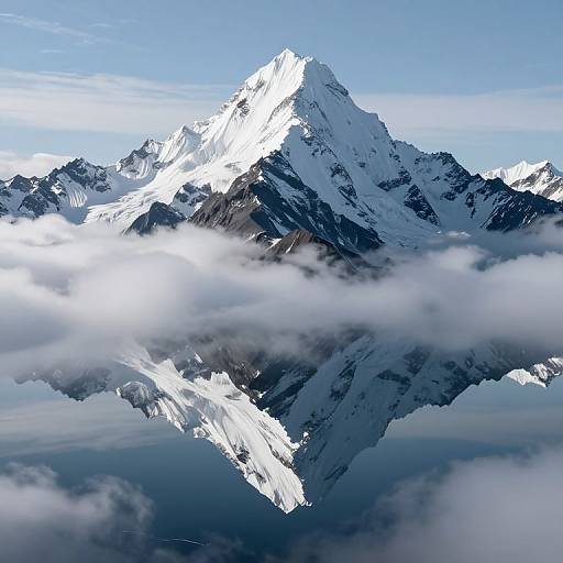 Photograph of a towering, snow-capped mountain peak with sharp, jagged edges, partially obscured by fluffy white clouds, reflecting in a still,
