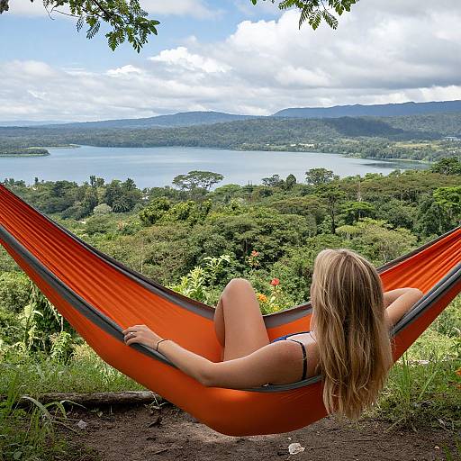 Photograph of a blonde woman in a black bikini, reclining in an orange hammock, overlooking a lush, green, mountainous landscape with a