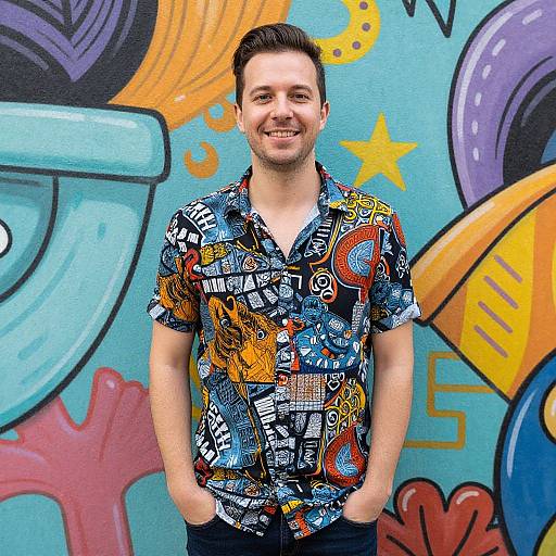 Photograph of a smiling young man with short dark hair, wearing a colorful, patterned short-sleeve shirt, standing in front of vibrant,