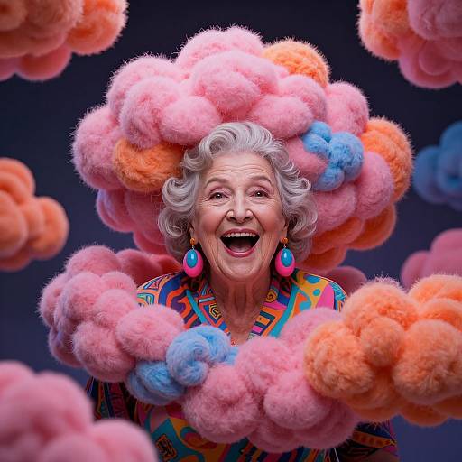 Photograph of an elderly woman with gray hair, laughing, surrounded by colorful, fluffy, cloud-like pom-poms in pink, orange, and blue