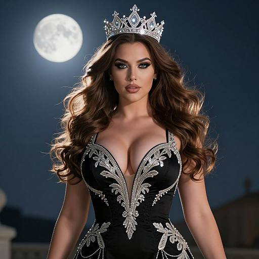 Photograph of a brunette woman with long, wavy hair, wearing a silver crown and a low-cut black dress with silver embroidery, under a full