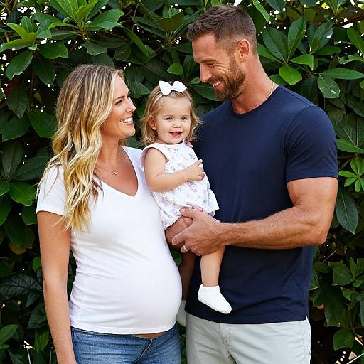 Photograph of a smiling blonde pregnant woman in a white shirt, holding a laughing toddler with a white bow, and a bearded man in a black