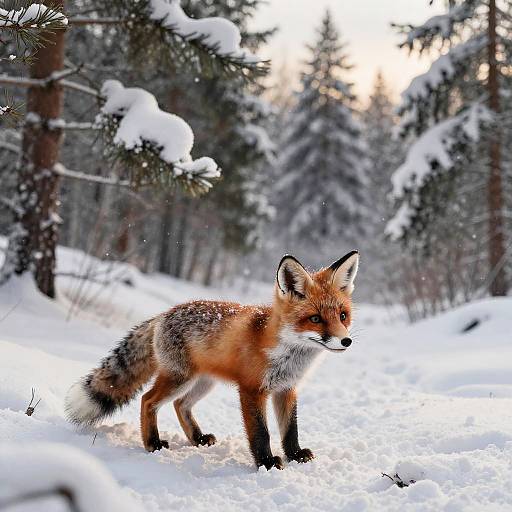 Red Fox in Snowy Pine Forest