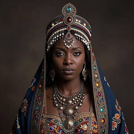 Photograph of a dark-skinned African woman in elaborate traditional attire, adorned with gold jewelry, colorful embroidery, and a beaded headpiece, set