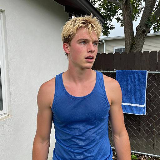 Young Man Outdoors with Blue Tank Top