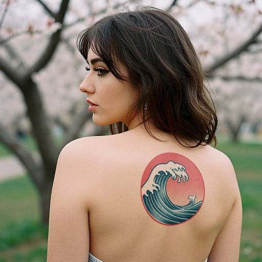 Photograph of a young woman with medium skin tone and dark brown hair, looking over her shoulder, showcasing a colorful wave tattoo on her back, set