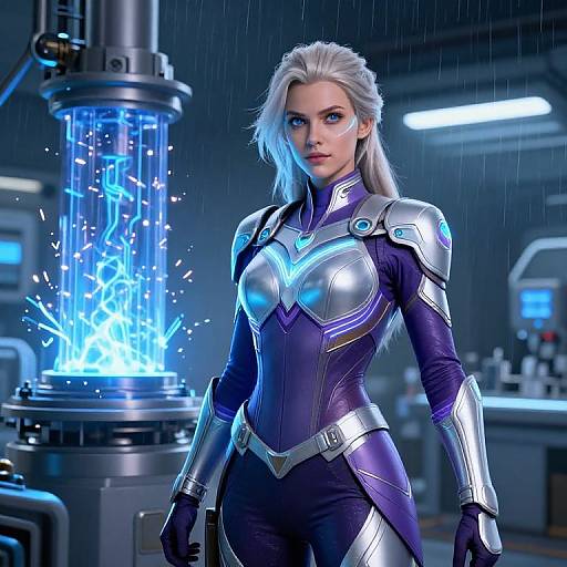 CGI image of a silver-haired woman in futuristic purple and silver armor, standing in a rainy lab with a glowing blue energy cylinder behind her.