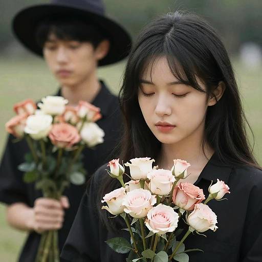 Photograph of two Asian women with black hair, wearing black clothes, holding bouquets of pale pink and white roses, in a grassy field.