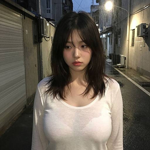 Photograph of an East Asian woman with long black hair, wearing a white, slightly transparent long-sleeve top, standing in a dimly lit