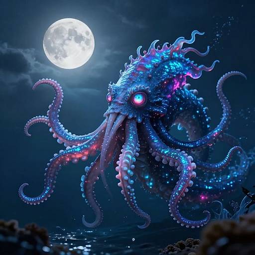 Digital artwork of a glowing, bioluminescent octopus monster with vibrant blue and pink tentacles, under a bright full moon in a dark,