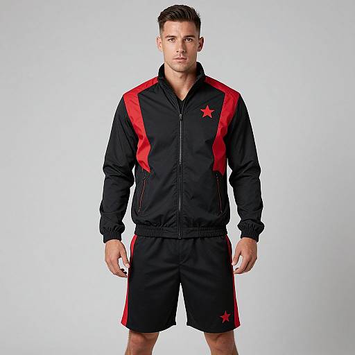 Photograph of a muscular, short-haired man in a black athletic tracksuit with red stripes and star logos, standing against a white background.