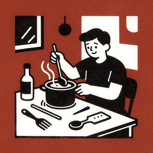 Monochrome Linocut of Man Cooking at Table