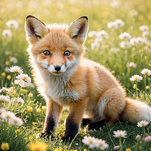 Playful Baby Fox in Blooming Meadow