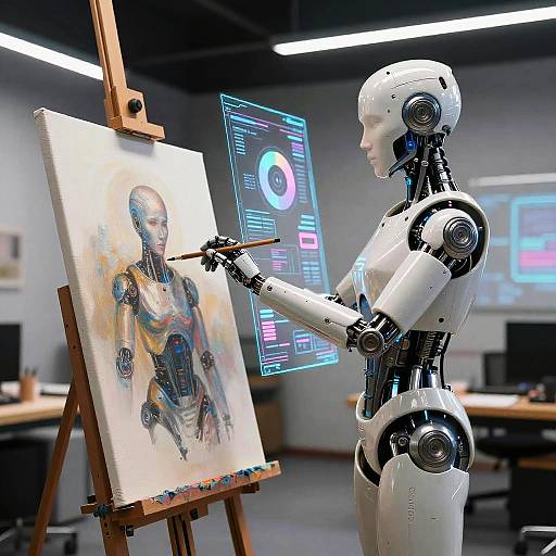 Photograph of a white humanoid robot painting a portrait on an easel, with digital screens displaying a circular interface in the background.
