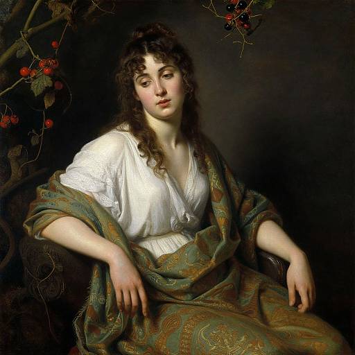 Baroque-style painting of a fair-skinned woman with curly dark hair, wearing a white blouse and green patterned shawl, seated against a dark