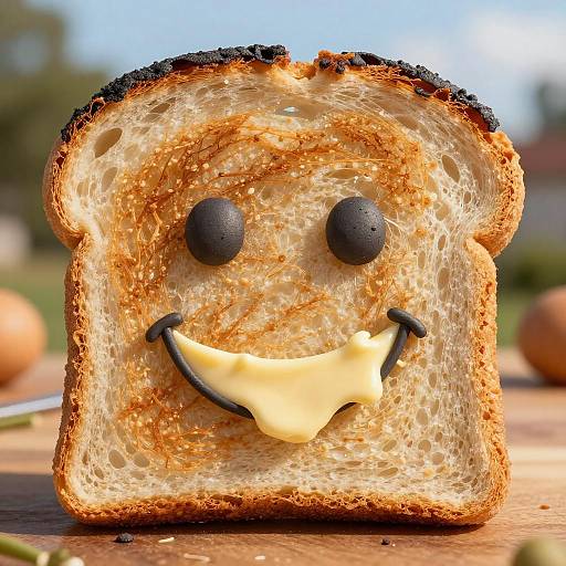 Photograph of toasted bread with black button eyes, a smiling yellow butter smile, and a charred face, on a wooden table.