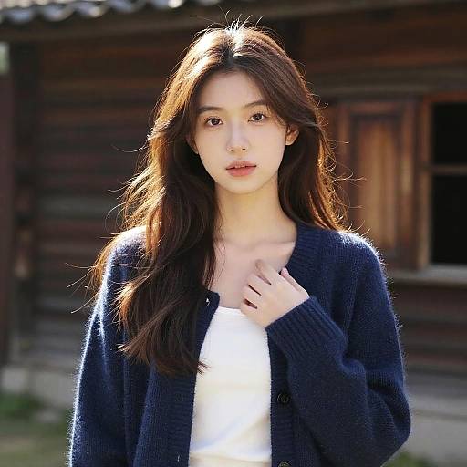 Young Woman in Blue Cardigan Outdoors