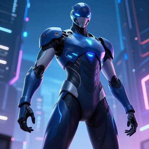 CGI image of a futuristic, blue-lit, humanoid robot with glowing accents, standing in a neon-lit cyberpunk cityscape at night.