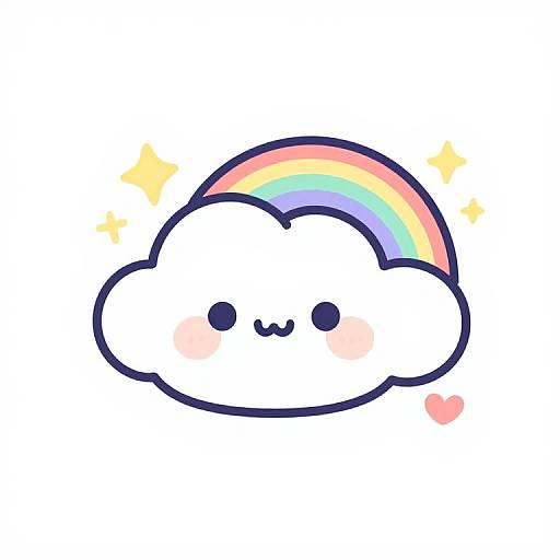 Cute digital drawing of a smiling cloud with blushing cheeks, rainbow above, sparkling stars, and a small pink heart.