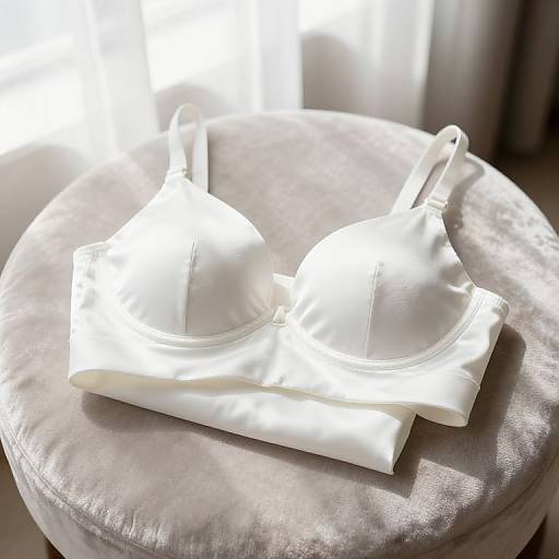 Photograph of a white, satin bra with adjustable straps, placed on a round, silver-gray, velvety stool, illuminated by bright sunlight.