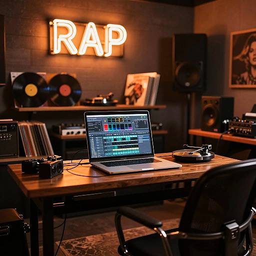 Gritty Neon Rap Studio Interior
