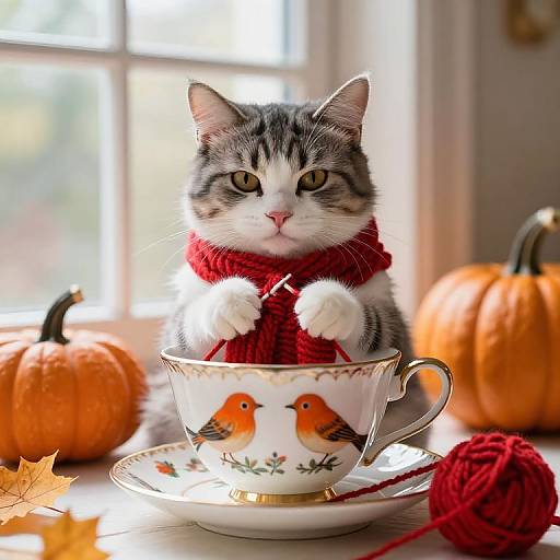 Photograph of a gray and white tabby kitten wearing a red scarf, sitting in a white teacup with bird illustrations, surrounded by pumpkins