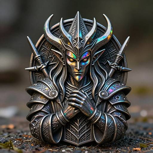 Photograph of a detailed, metallic, fantasy-themed bust with glowing rainbow eyes, horned helmet, spiked shoulders, and intricate patterns, resting on a