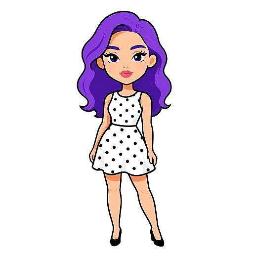 Cartoon Woman with Purple Hair in Polka Dot Dress