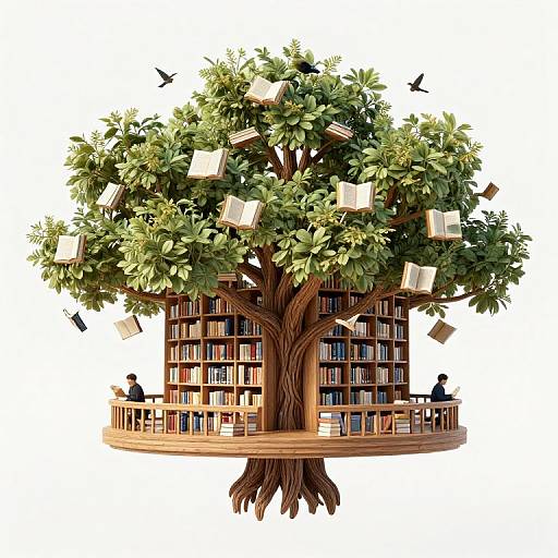 Illustration of a floating tree with green leaves, books floating among them, and two people reading on a circular wooden platform.