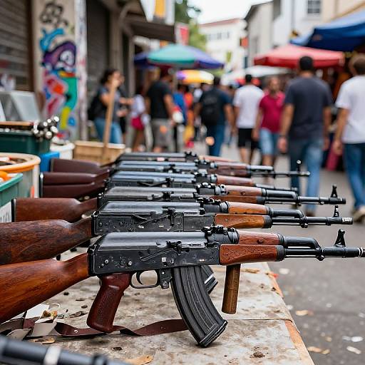 Photograph of a street market: Close-up of row of wooden-stocked rifles with black metal parts on a table, blurred background of people and colorful