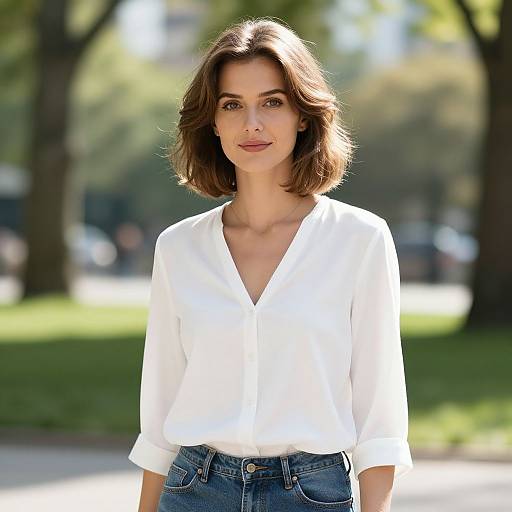 Photograph of a white woman with shoulder-length brown hair, wearing a white V-neck blouse and blue jeans, standing in a sunlit park.