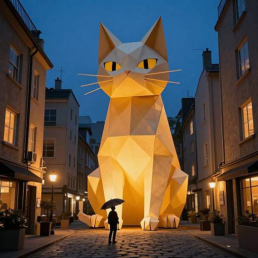 Photograph of a giant, illuminated, geometric cat sculpture in a narrow, cobblestone European alleyway at dusk, with a person holding an umbrella