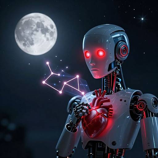 CGI image of a glowing red-eyed robot with metallic white and black body, drawing a constellation with bright lines against a moonlit night sky.