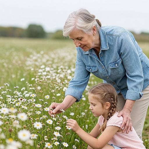 Elderly Woman and Granddaughter Picking Daisies
