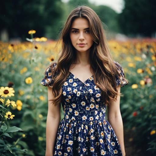 Young woman in floral dress in flower field