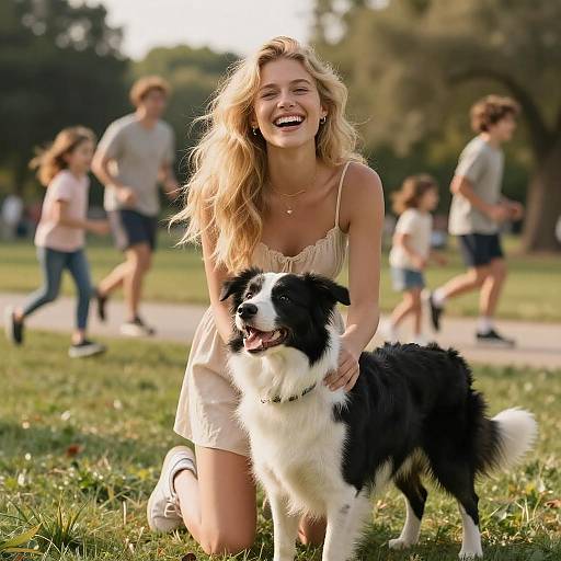 Young Woman Hugging Border Collie in Park