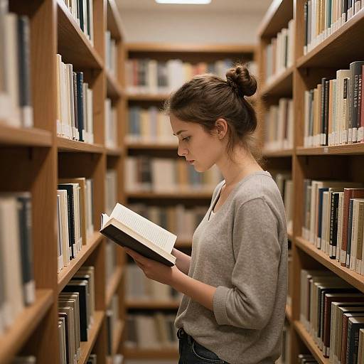Photograph of a young woman with dark hair in a bun, wearing a gray sweater, reading a book in a wooden library aisle.