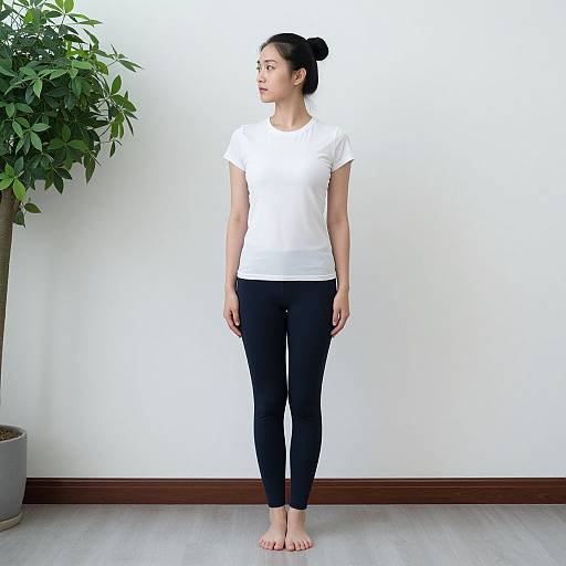 Photograph of an East Asian woman with black hair in a bun, wearing a white t-shirt and black leggings, standing barefoot in front of a