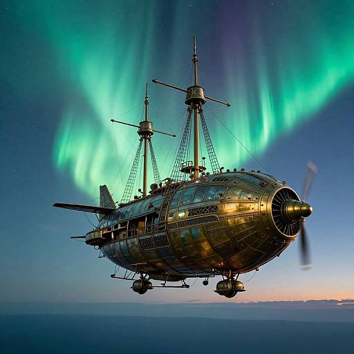 Futuristic Steampunk Airship Under Aurora