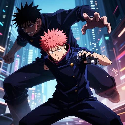 Dynamic anime scene of two male characters with spiky hair, black uniforms, and intense expressions, fighting in a neon-lit cityscape.
