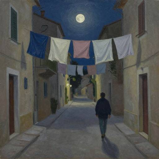 Nighttime alley painting with full moon, blue sky, hanging laundry, shadowy figure in dark clothes walking away, narrow street, textured brushstrokes