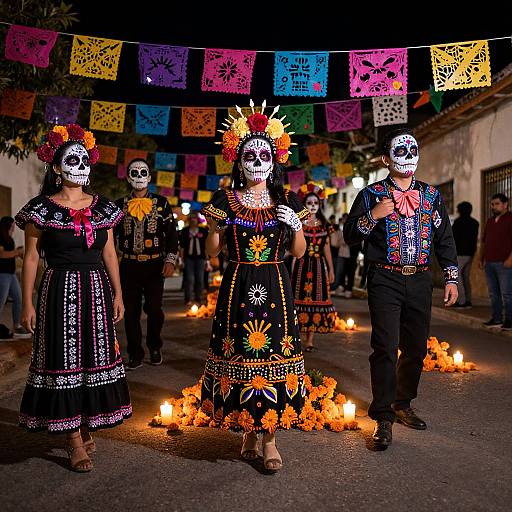 Photograph of three people in vibrant Day of the Dead costumes, adorned with colorful skull masks, traditional Mexican dresses, and flower crowns, walking on