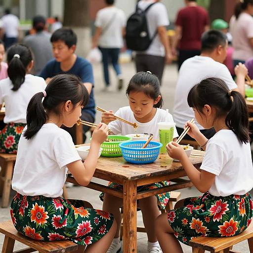 Photograph of three Asian girls with black hair, wearing white shirts and floral skirts, eating noodles at wooden tables in a busy outdoor market.