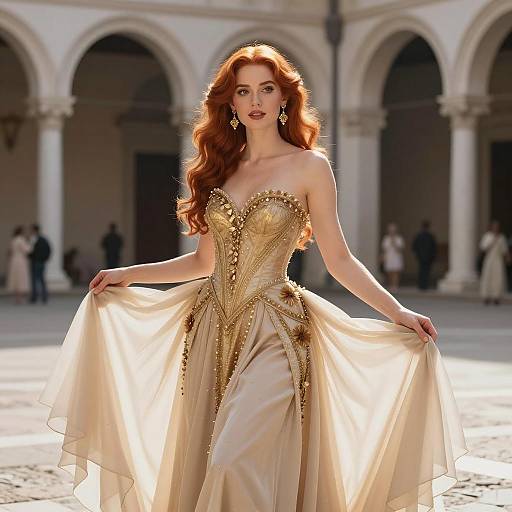 Red-Haired Woman in Gold Embellished Gown