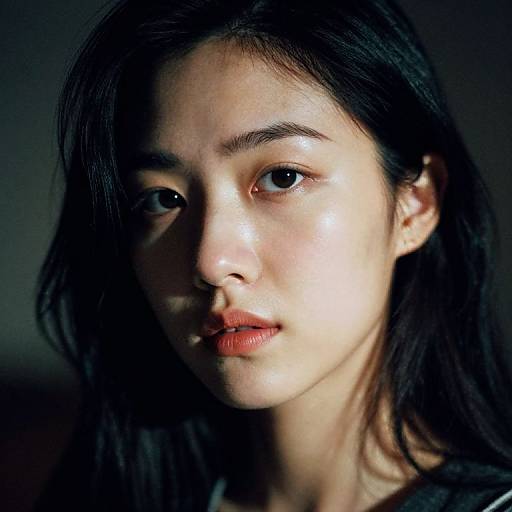 Photograph of a young Asian woman with long black hair, fair skin, and red lips, illuminated by dramatic, uneven lighting, creating a high-