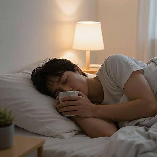 Photograph of a young Asian man with short black hair, wearing a white t-shirt, lying in bed, sleeping with eyes closed, holding a white